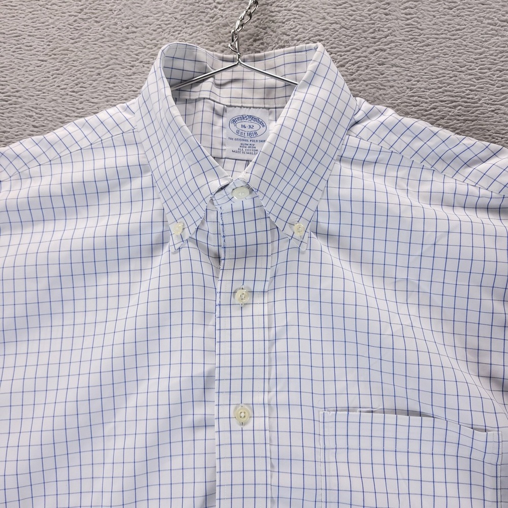 Brooks Brothers Dress Shirt Mens 16 32 White Slim Fit Check Non-Iron Oxford